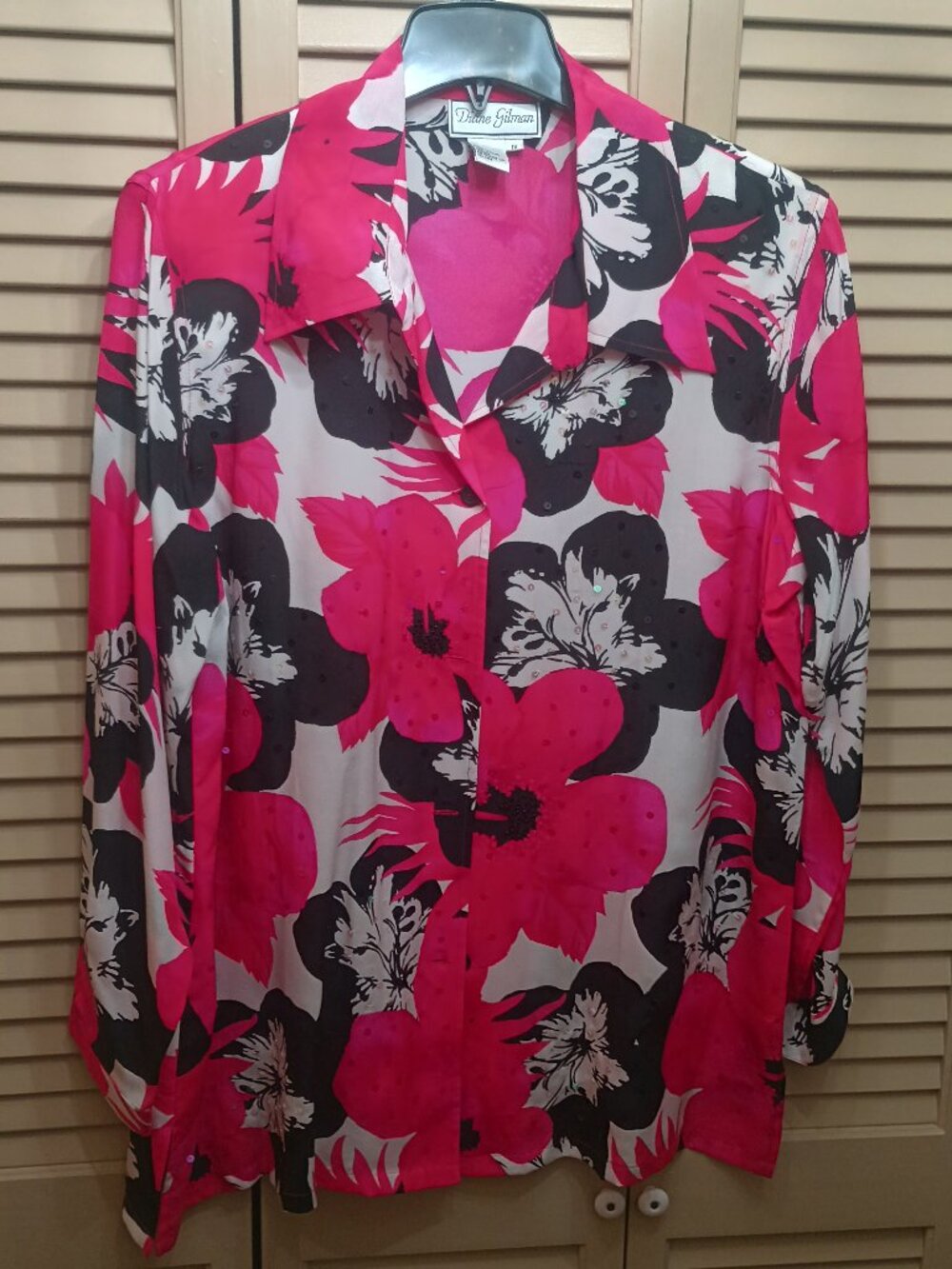 Vtg Diane Gilman 3 PC 100% Silk Floral Sequin Button Up Shirt, Tank & Scarf 1X